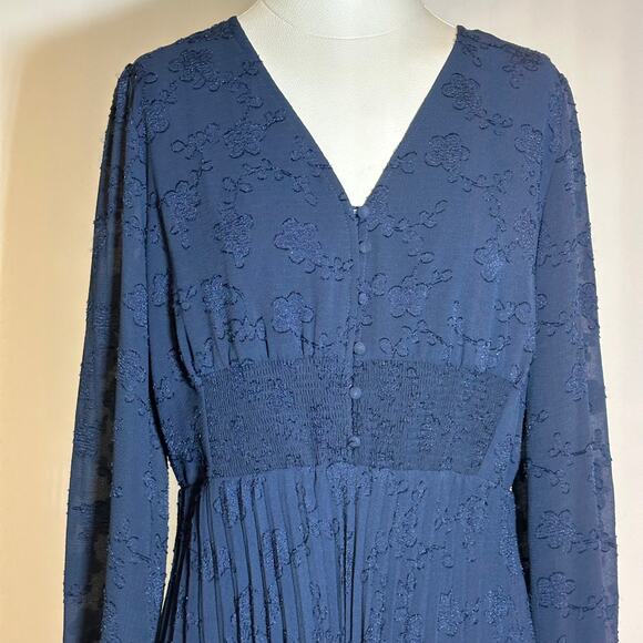 NWT Nanette Lepore Navy Blue Long Sleeve Bella Dobby Dress Pleats Womens Size 12 - Picture 2 of 12